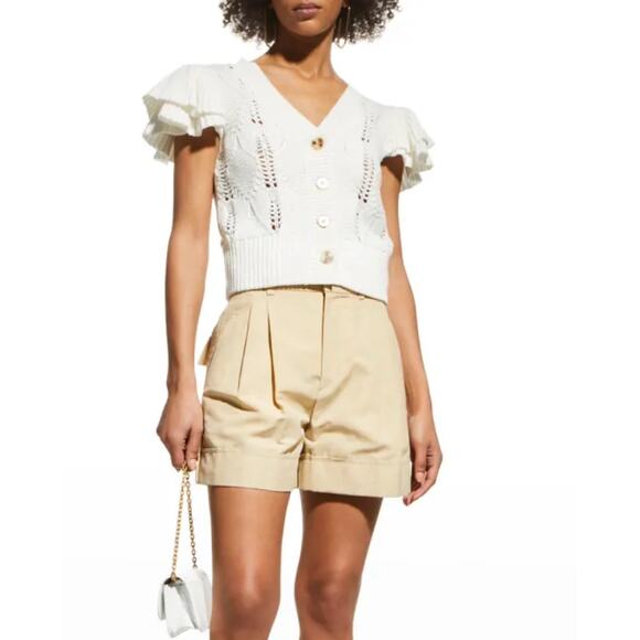Milly 100% Cotton Ecru White Ruffle Pointelle Cardigan Short Sleeve Knit Large - Picture 1 of 8
